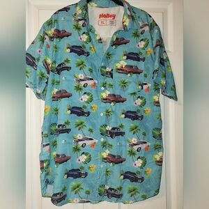 Holley Hawaiian Car Print Shirt Size X Large Blue Tropical